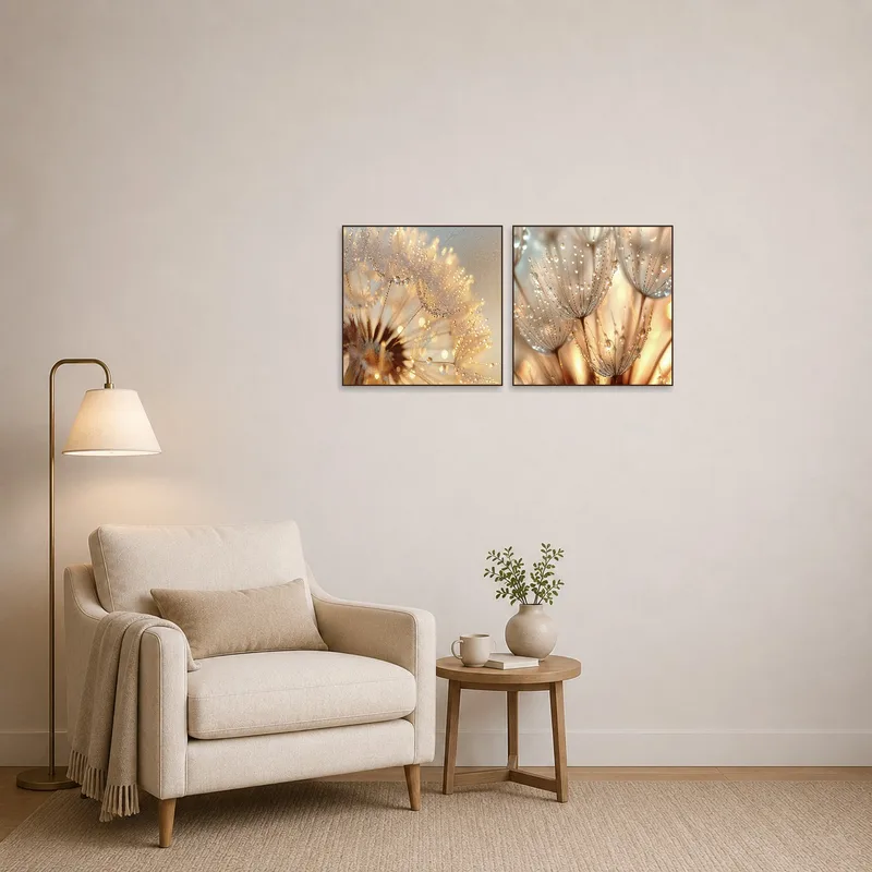 A tranquil reading corner enhanced by macro shots of dandelions on the wall.