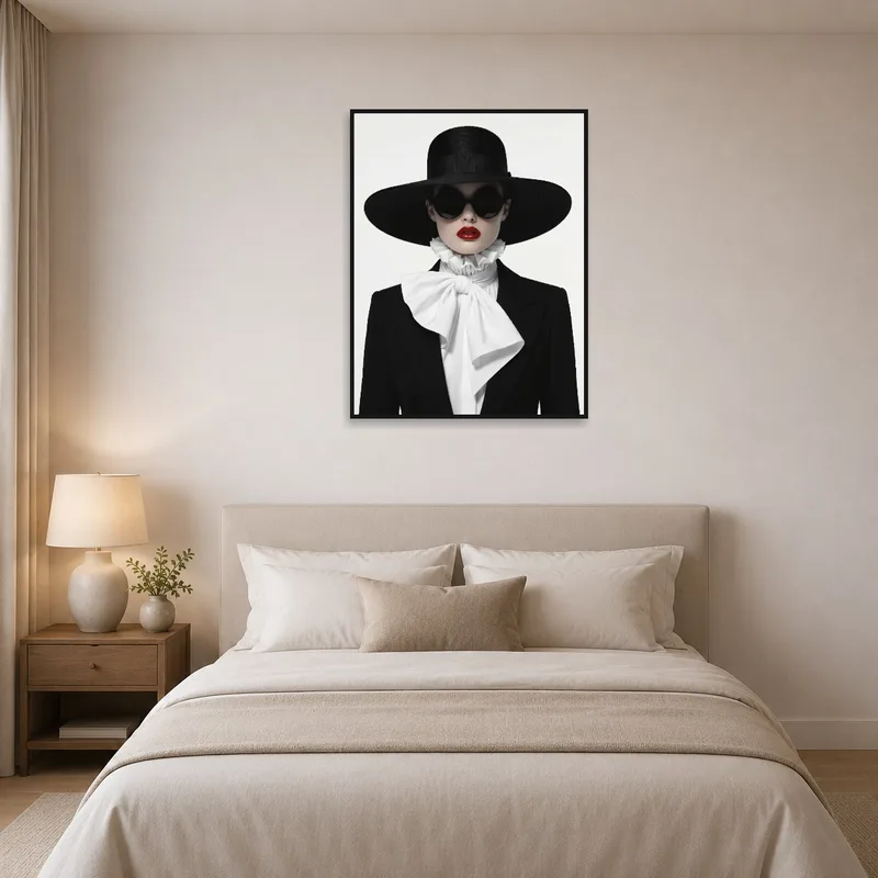 Sophisticated art print of black hat and red lips enhancing a bedroom ambiance.