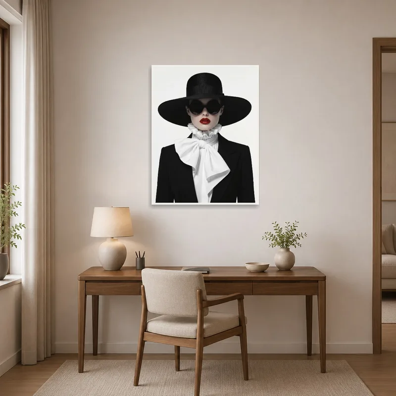 Home office showcasing elegant art print of a woman's black hat and red lips.