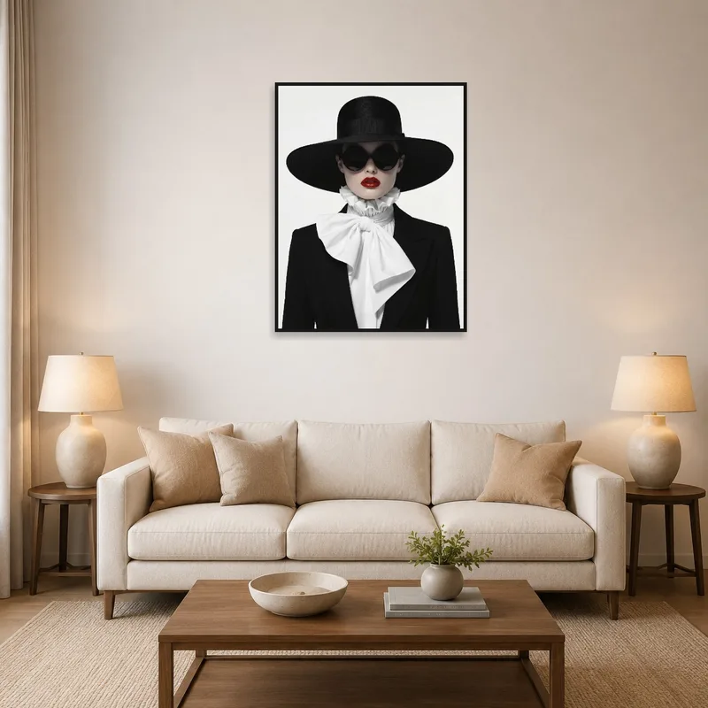 Art print of a woman's black hat and red lips in a stylish living room setting.
