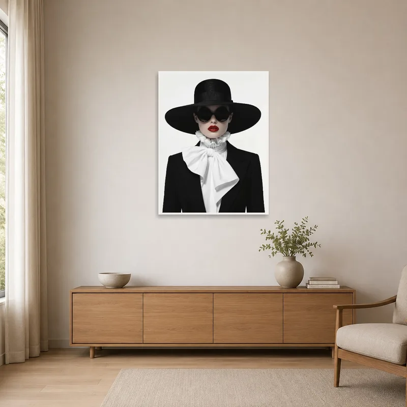 Minimalist room with art print of a woman's black hat and red lips featured prominently.