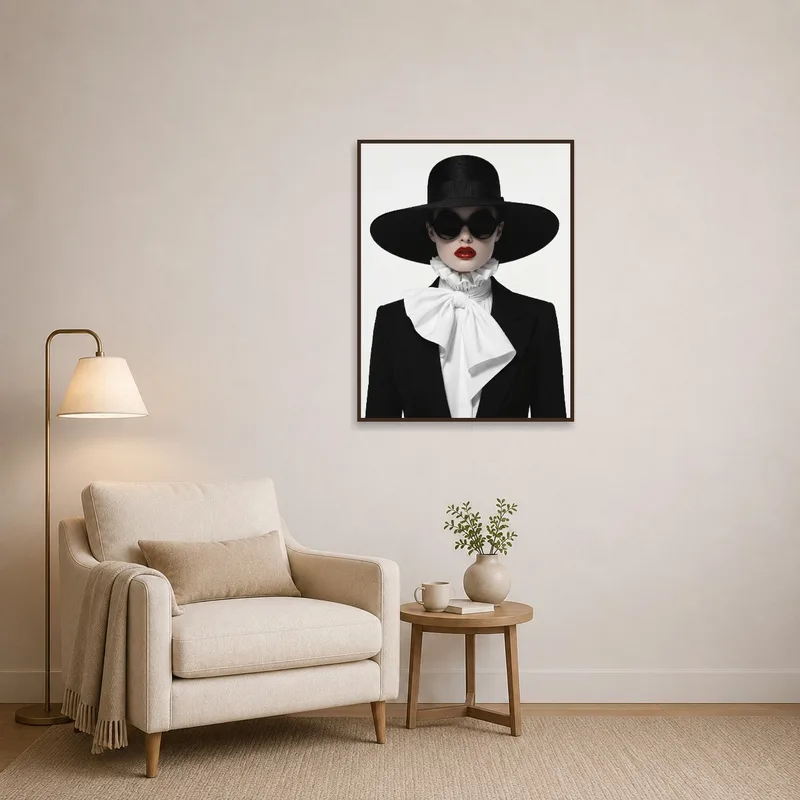 Chic art print of black hat and red lips accentuating a cozy reading corner.