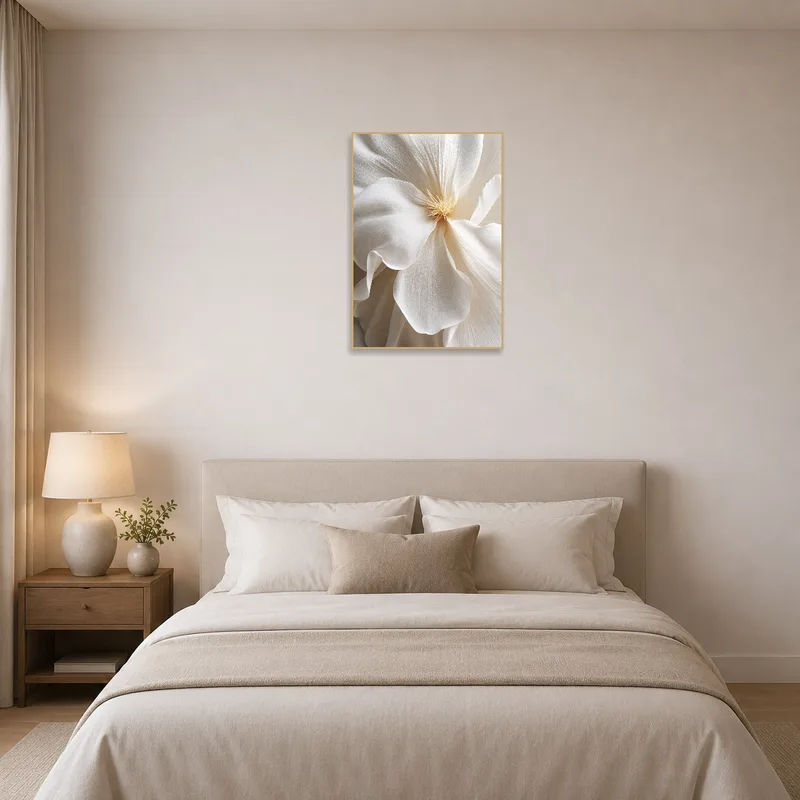 Bedroom wall displaying a close-up of a delicate white flower, creating calm.