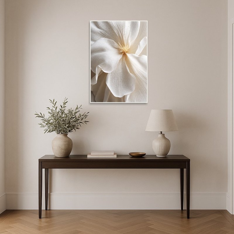 Soft beige floral piece enhancing a narrow hallway with a console table.