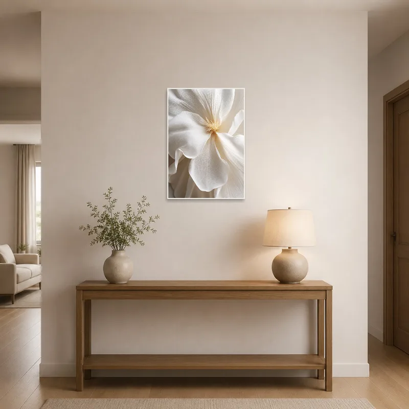 Entrance hall adorned with a white flower close-up, welcoming you in.
