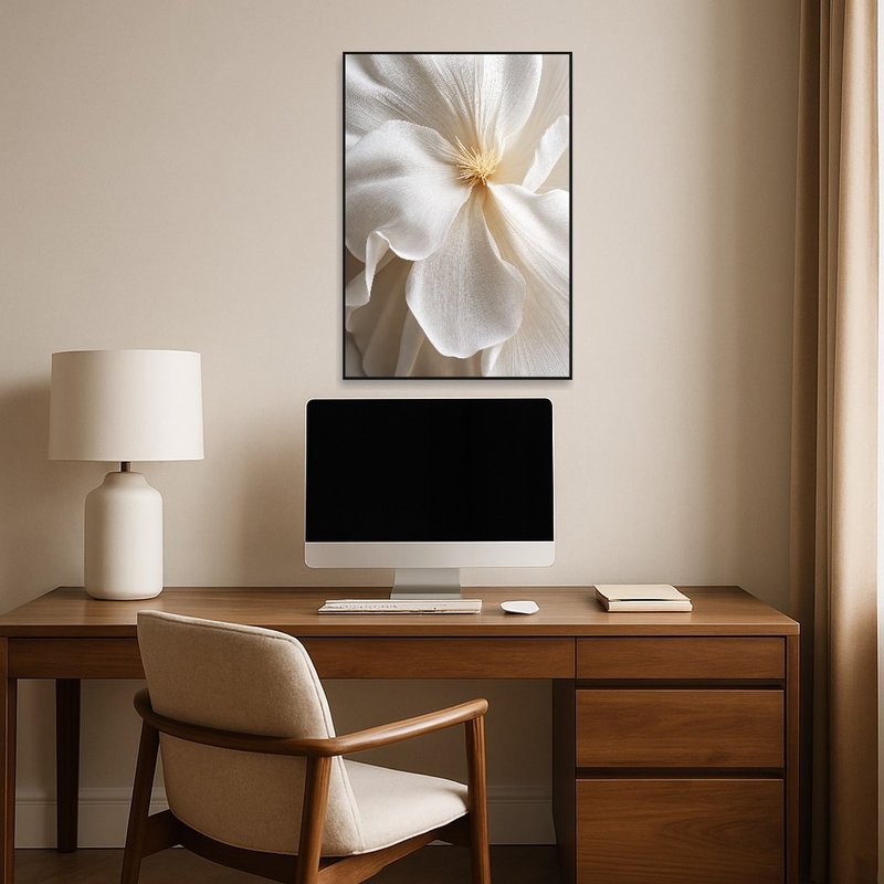Beige floral art next to a desk, adding comfort to a workspace.