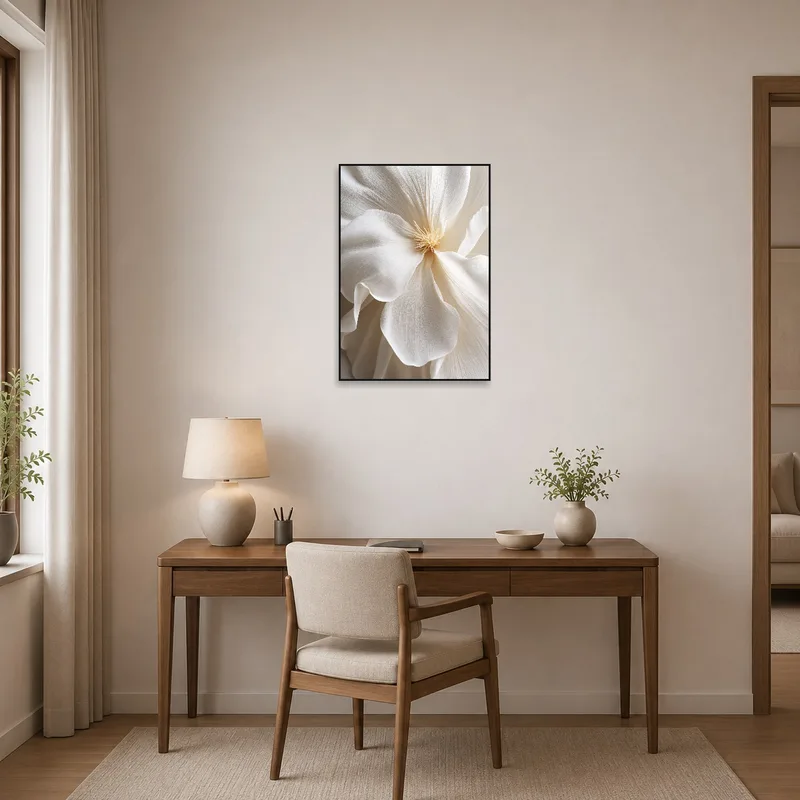 Home office wall with a close-up of a white flower, inspiring focus and tranquility.