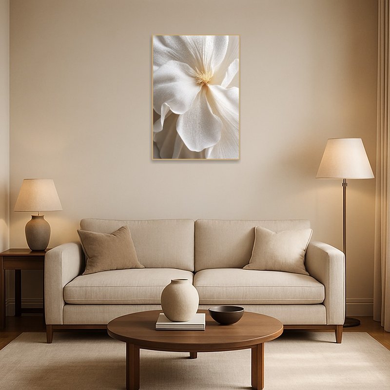 Floral artwork in soft beige tones over a modern sofa with cozy cushions.