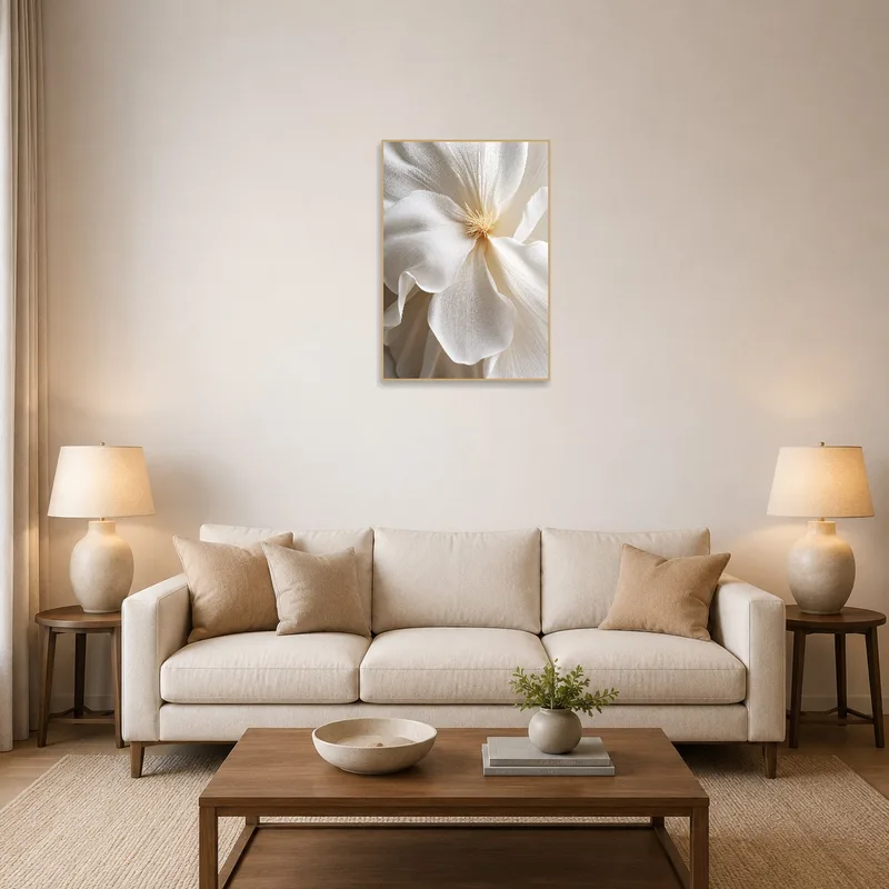 Living room featuring a close-up of a delicate white flower on the wall.