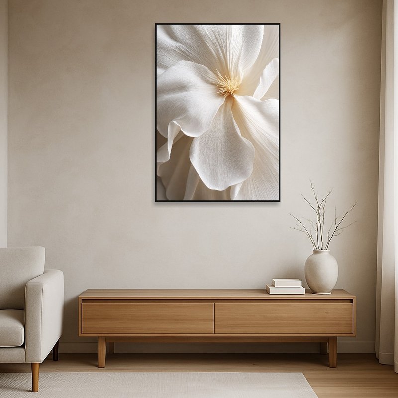 Beige floral art on a plain white wall in a sparsely furnished space.