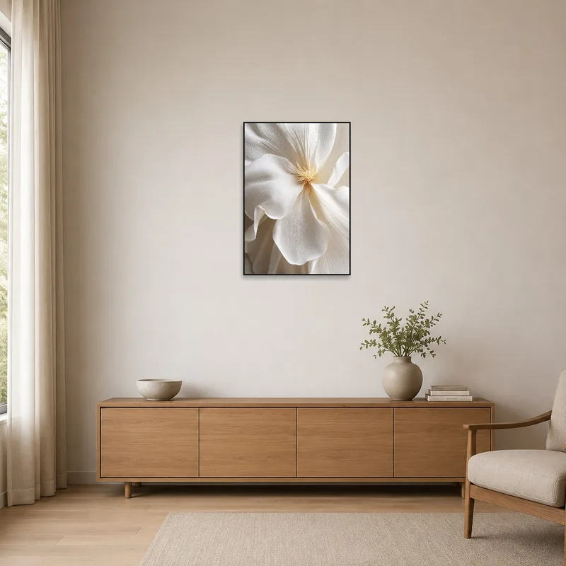 Minimalist space with a white flower close-up hanging, adding subtle elegance.