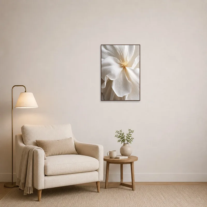 Reading corner enhanced by a close-up of a delicate white flower on the wall.