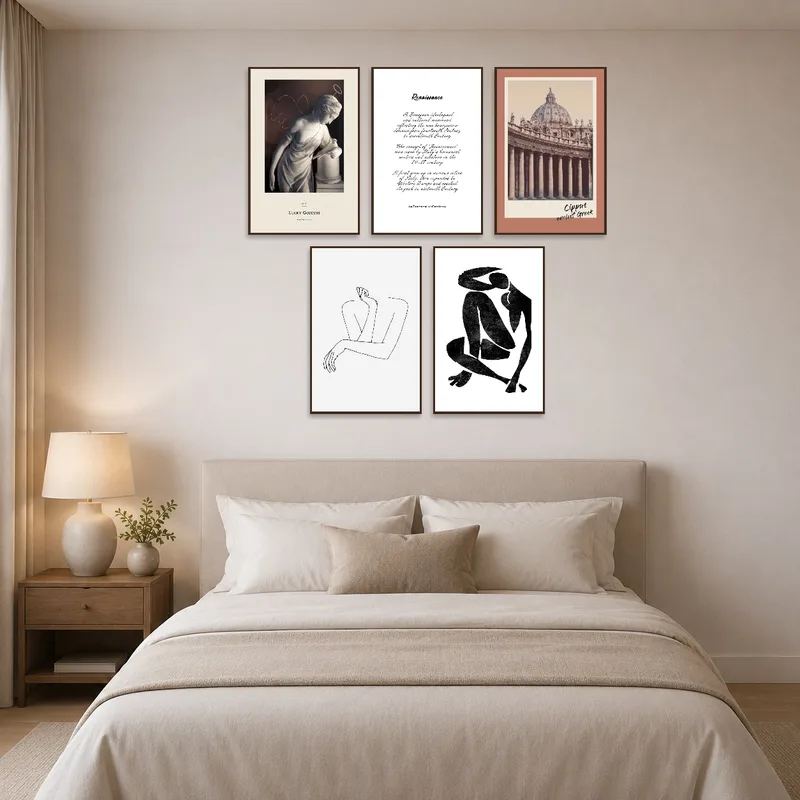 Expressive art set brings color and pattern to a serene bedroom.
