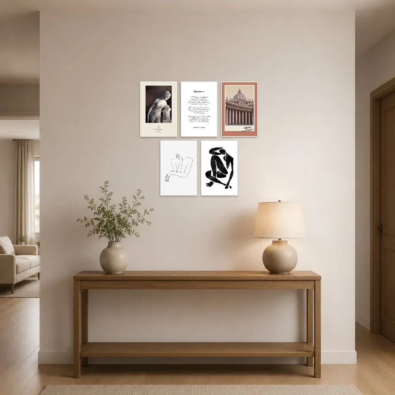Entrance hall features a welcoming vibe with this eclectic art set.