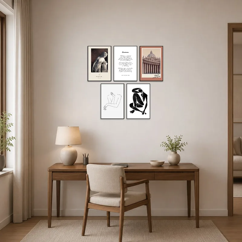 Home office gains inspiration with this vibrant, eclectic art set.