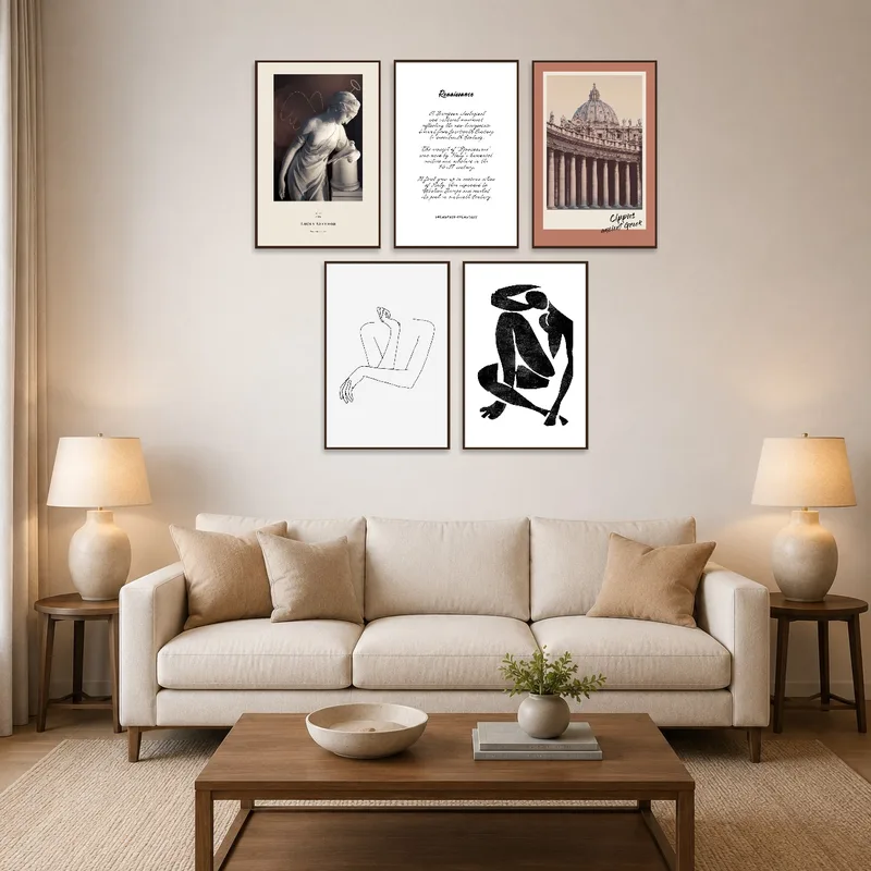 Art set adding visual interest above a sofa in a cozy living room.