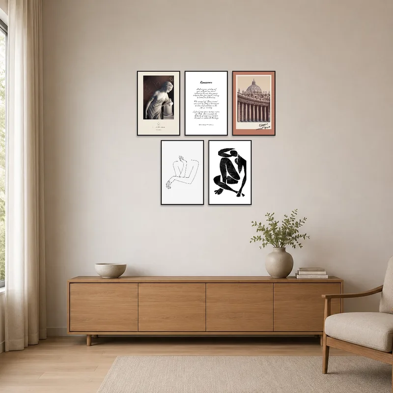 Minimalist space enhanced by subtle textures and colors from the art set.