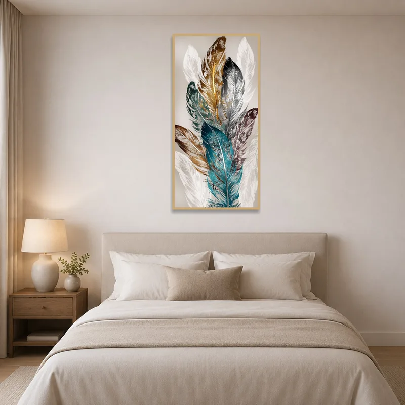 Colorful feathers bringing whimsy to the bedroom.