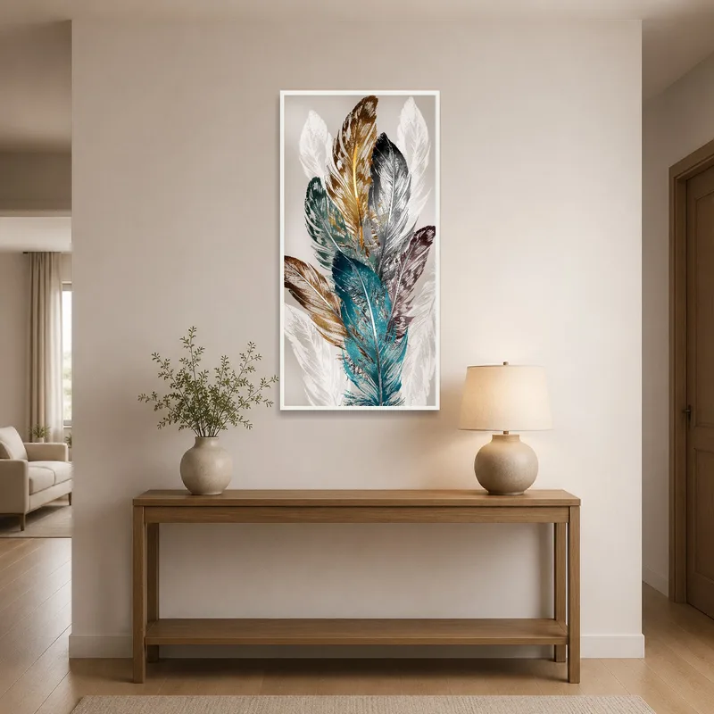 Feather artwork welcoming guests in the entrance hall.