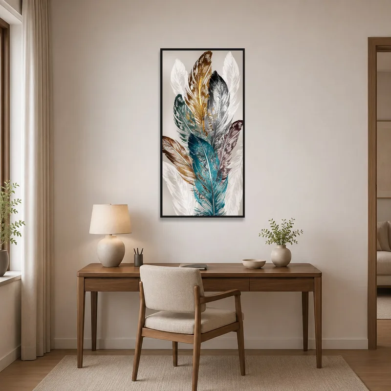 Vertical feather piece inspiring creativity in the home office.