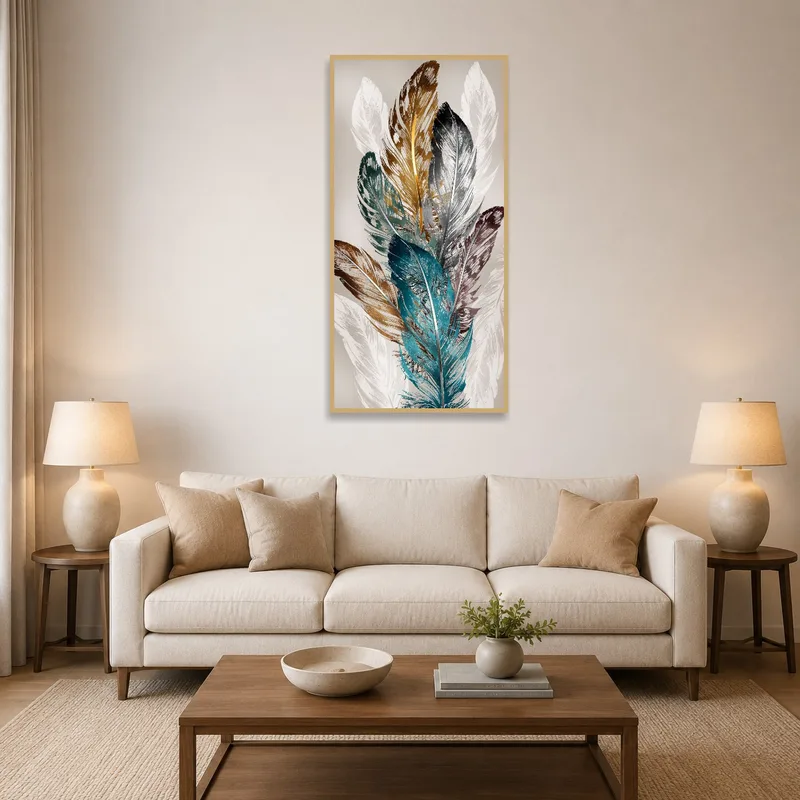 Vertical feather art adding vibrancy to the living room wall.