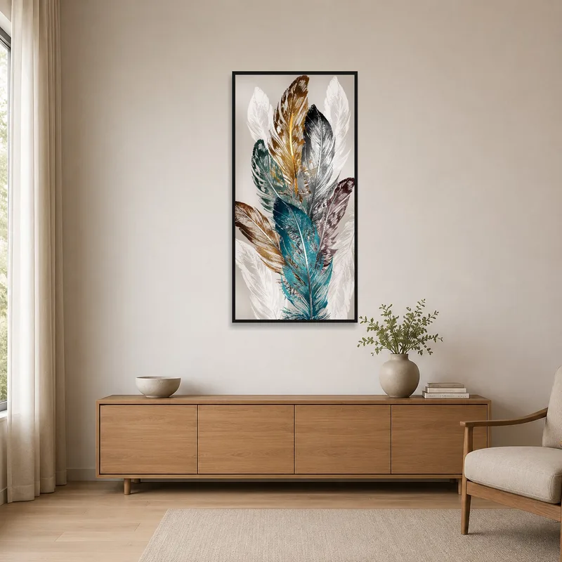 Colorful feathers enhancing the minimalist decor.
