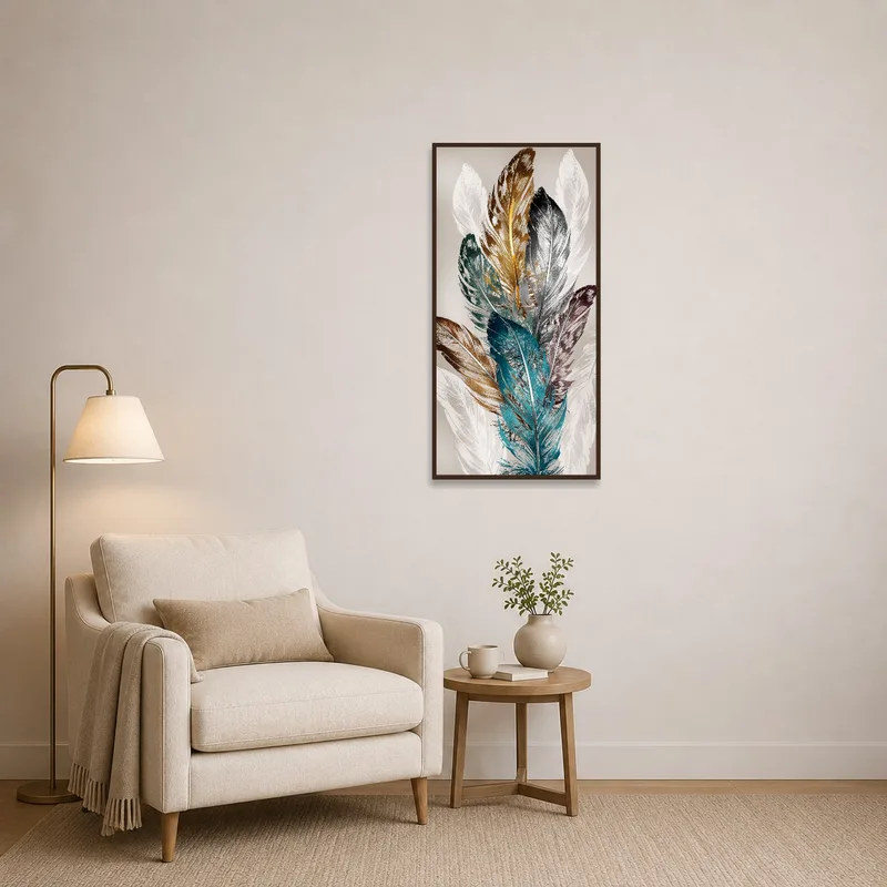 Bright feather print livening up a cozy reading corner.