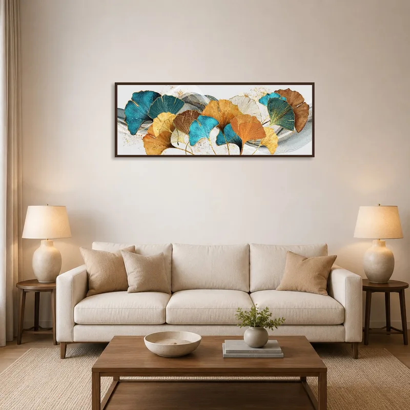 Panoramic artwork of colorful ginkgo leaves hanging in a cozy living room.