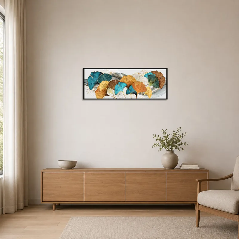 Colorful ginkgo leaves artwork in a sleek, minimalistic room setting.