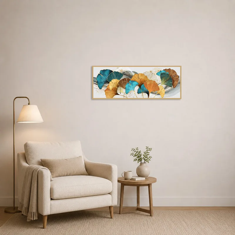 Bright ginkgo leaves art adding warmth in a reading corner.