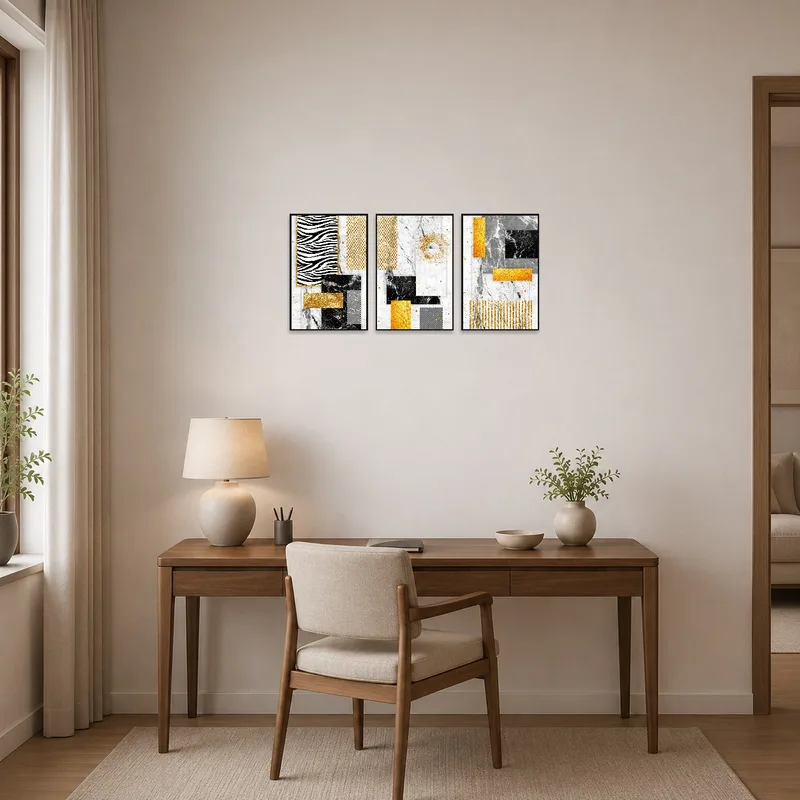 A home office with a creative touch from the gold and marble abstract triptych set.