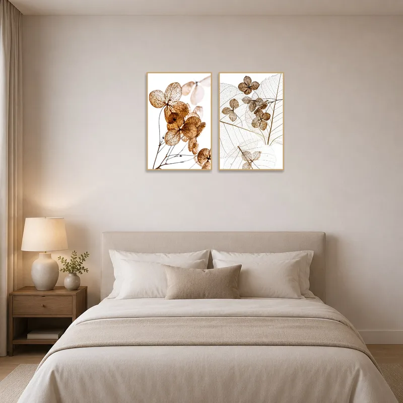 Botanical study set creating a calming bedroom ambiance.