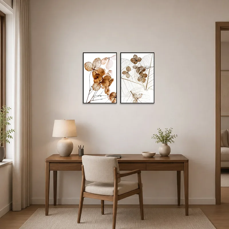 Artistic botanical study set inspiring a home office space.