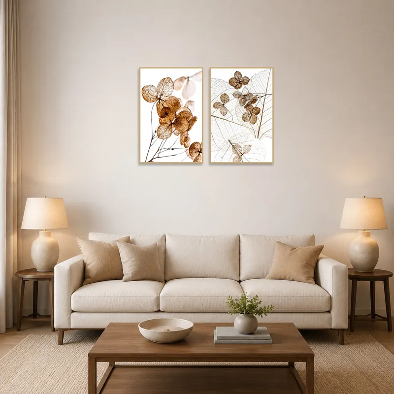 Botanical artwork displayed above a modern living room sofa.