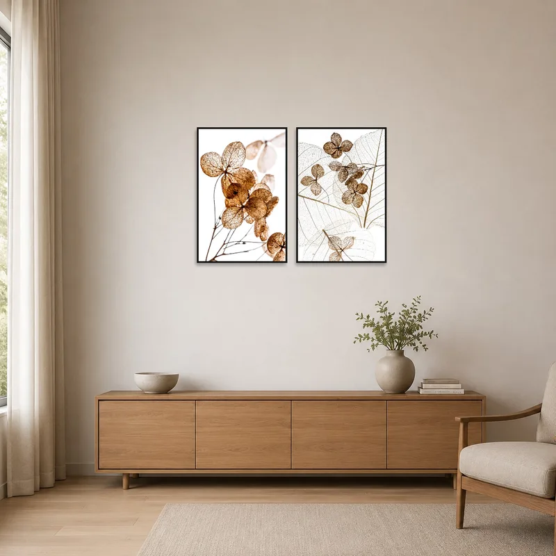 Dried botanical art set enhancing a minimalist room.