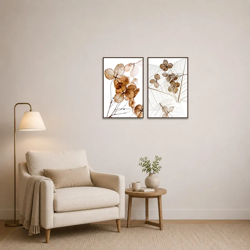 Dried plants art set adding interest to a reading corner.