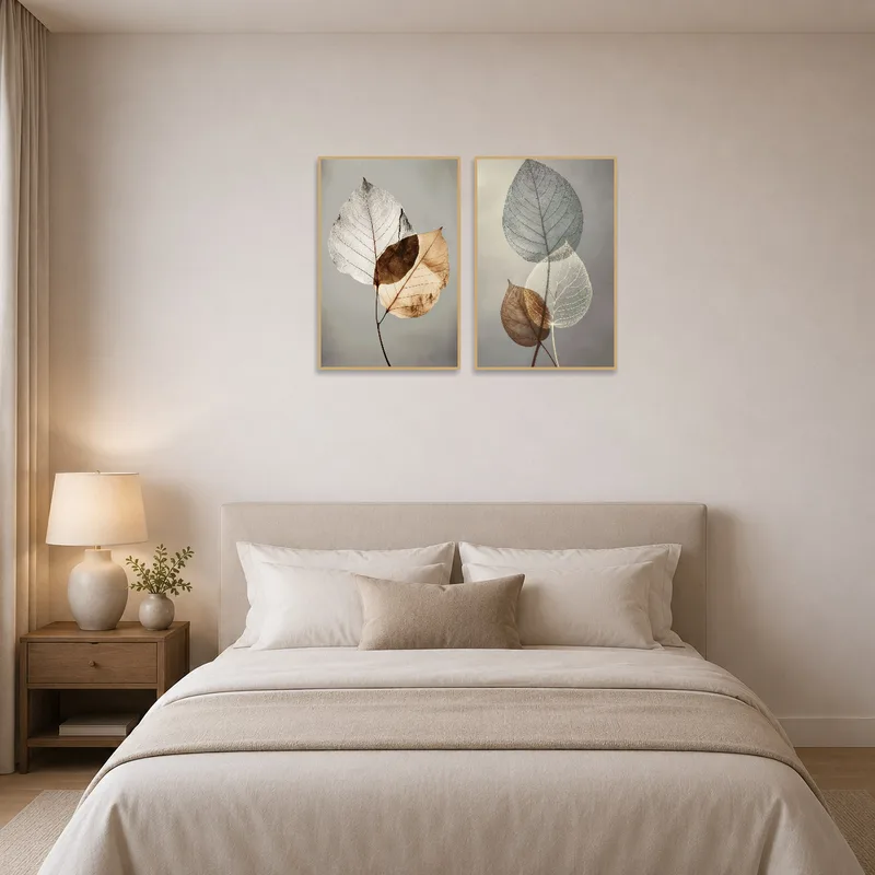 Nature-inspired leaf prints adding tranquility to a serene bedroom.