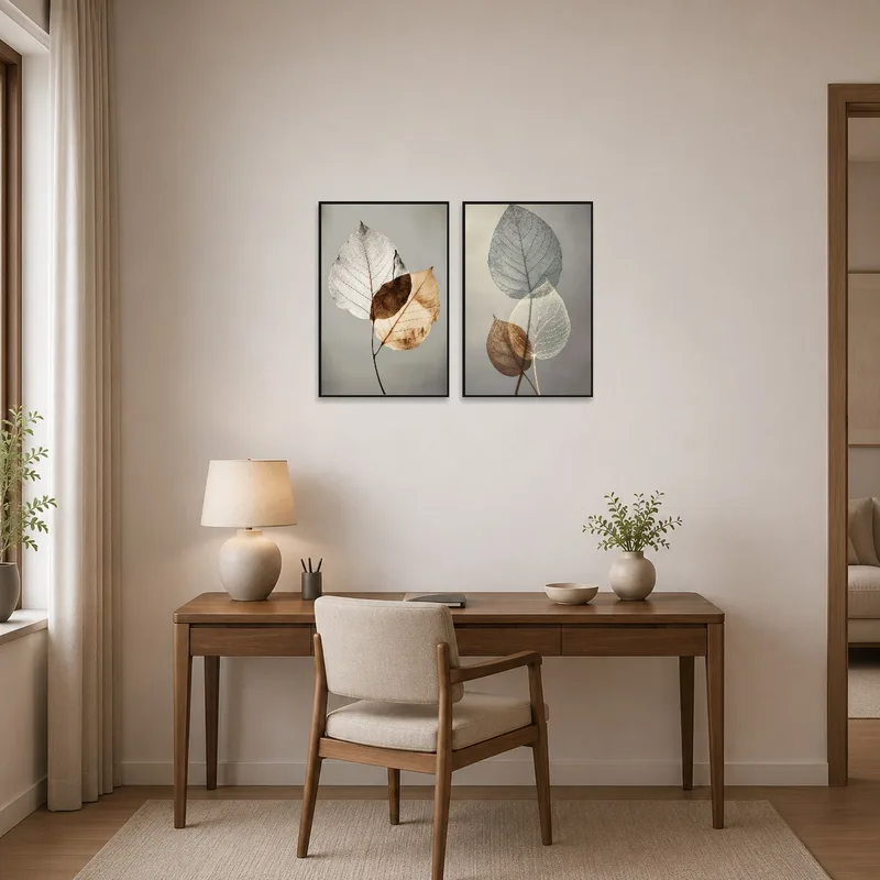 Leaf study set bringing natural inspiration to a quiet home office.