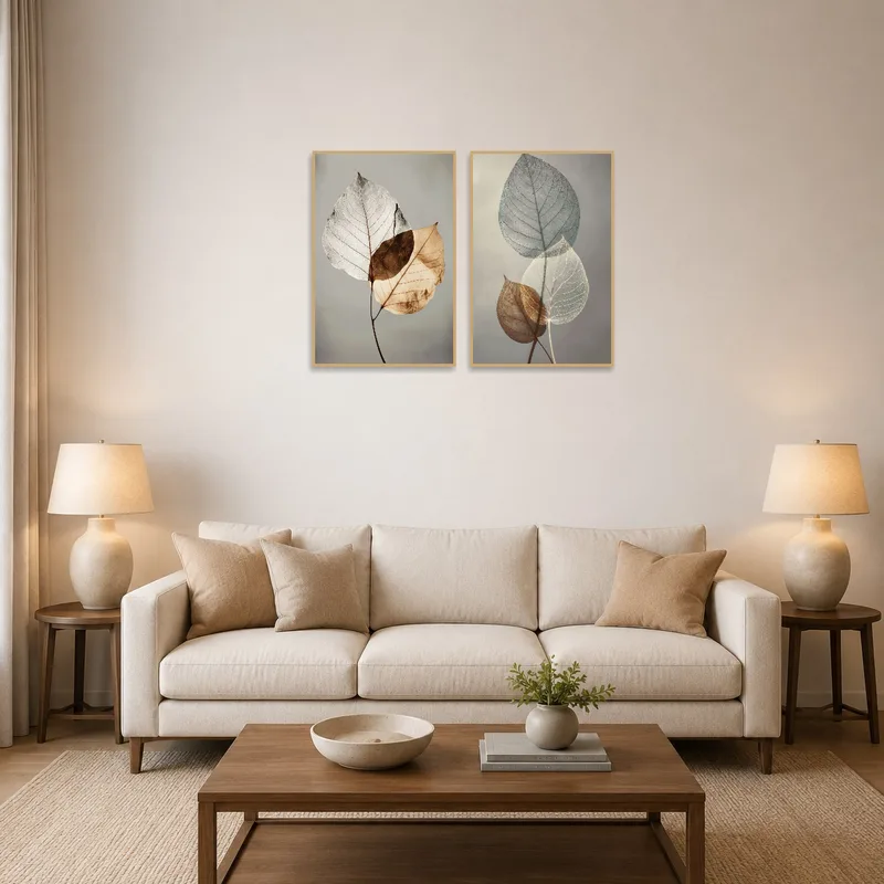 A set of delicate leaf prints hung above a modern sofa in a living room.
