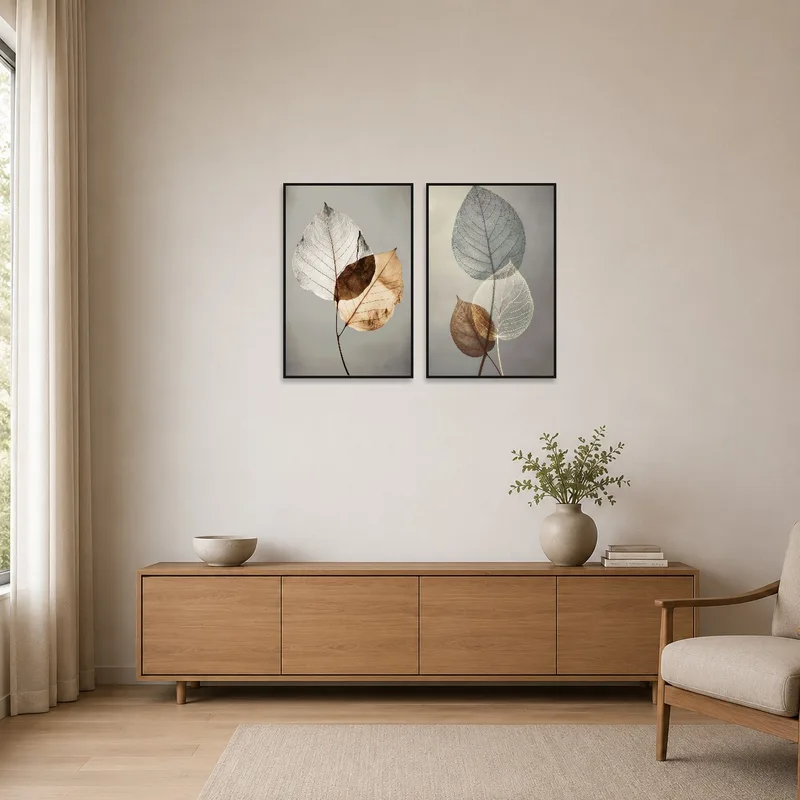 Minimalist space with a pair of intricate leaf studies on a plain wall.