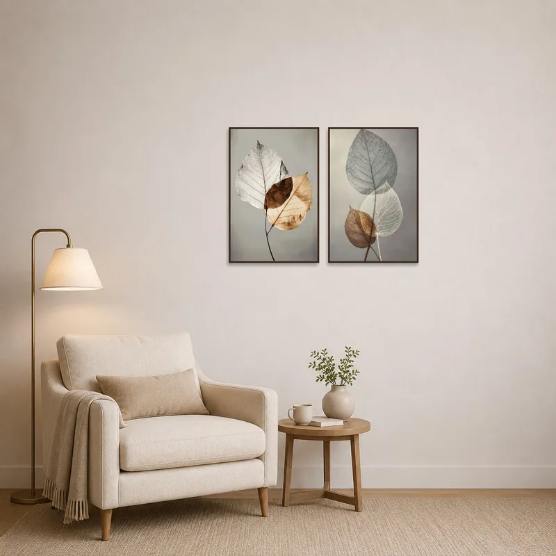 Leaf artworks creating a calming atmosphere in a cozy reading corner.
