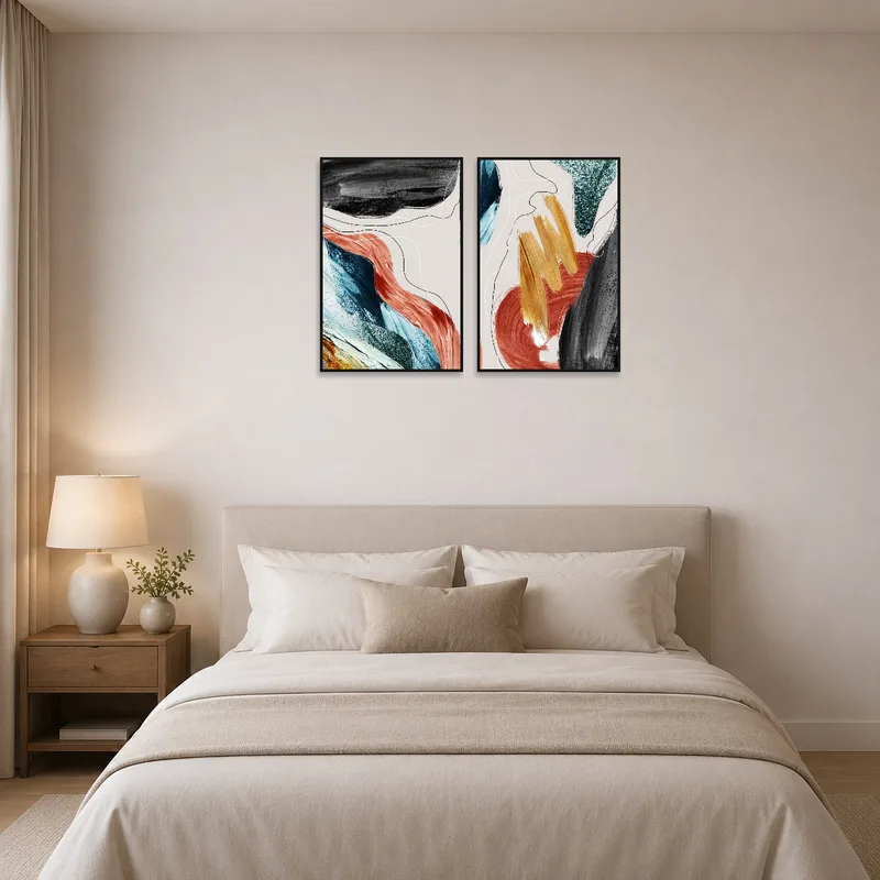 Dynamic art set bringing bold color to a serene bedroom ambiance.