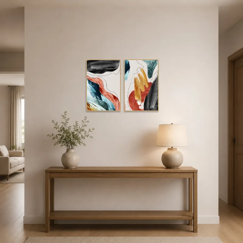 Abstract set providing a striking visual at the entrance hall's focal point.