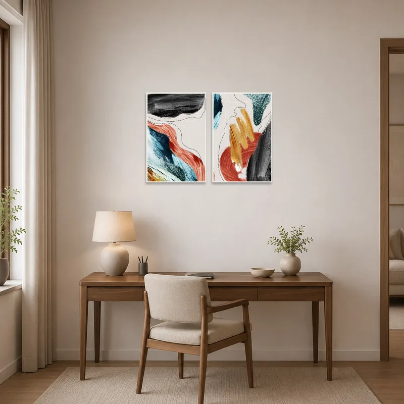 Expressive abstract art inspiring creativity in a sleek home office.