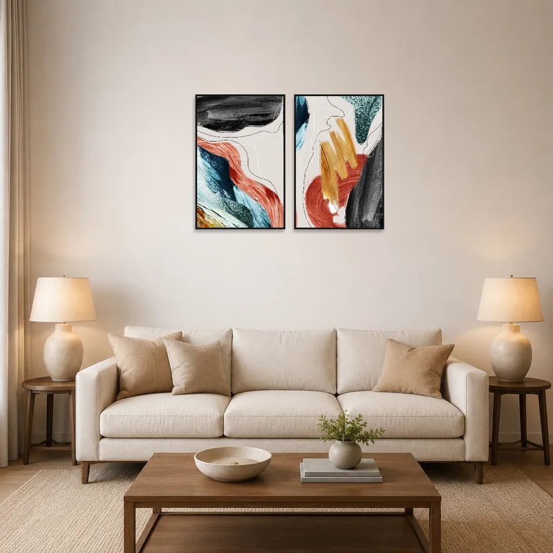 Colorful abstract art set displayed above a modern sofa in a chic living room.