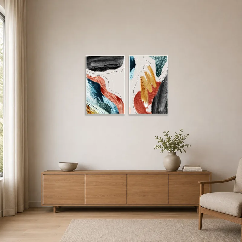 Vibrant abstract art adding a pop of color to a minimalist white room.