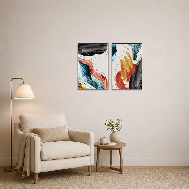Abstract pieces injecting energy and color into a cozy reading corner.