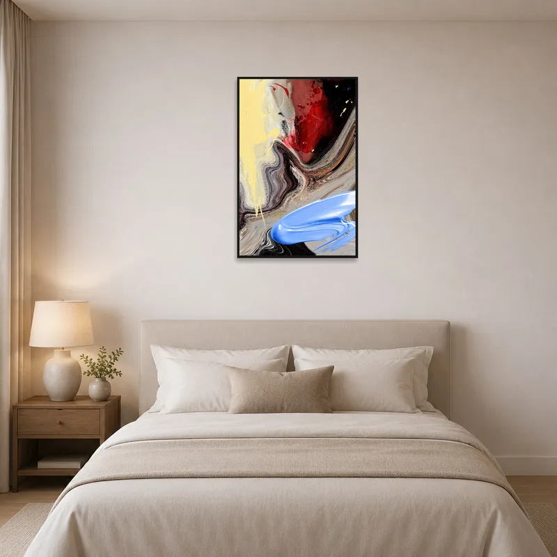Dynamic abstract swirl artwork enhancing the atmosphere of a tranquil bedroom.
