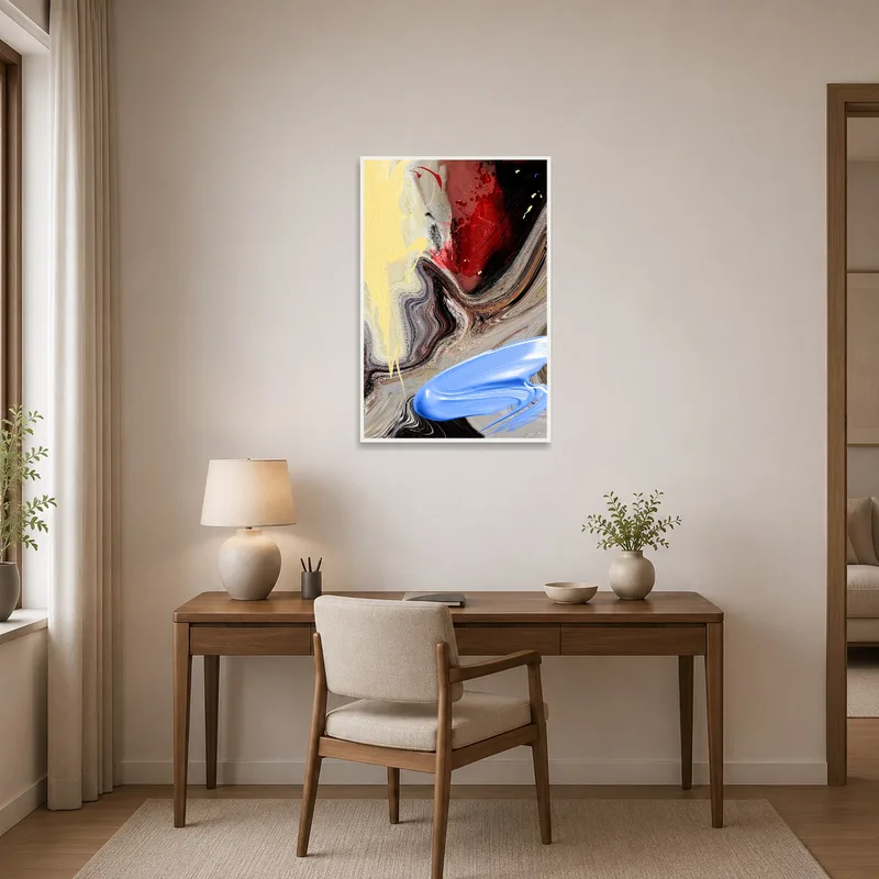 Abstract swirl print inspiring creativity in a modern home office space.