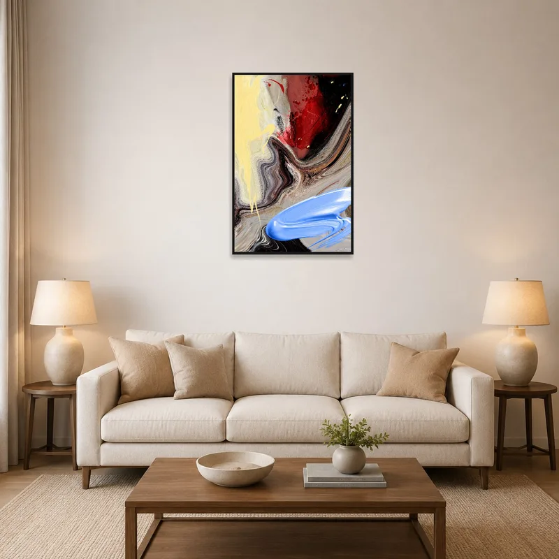 A dynamic abstract swirl artwork adding vibrancy to a lively living room setting.